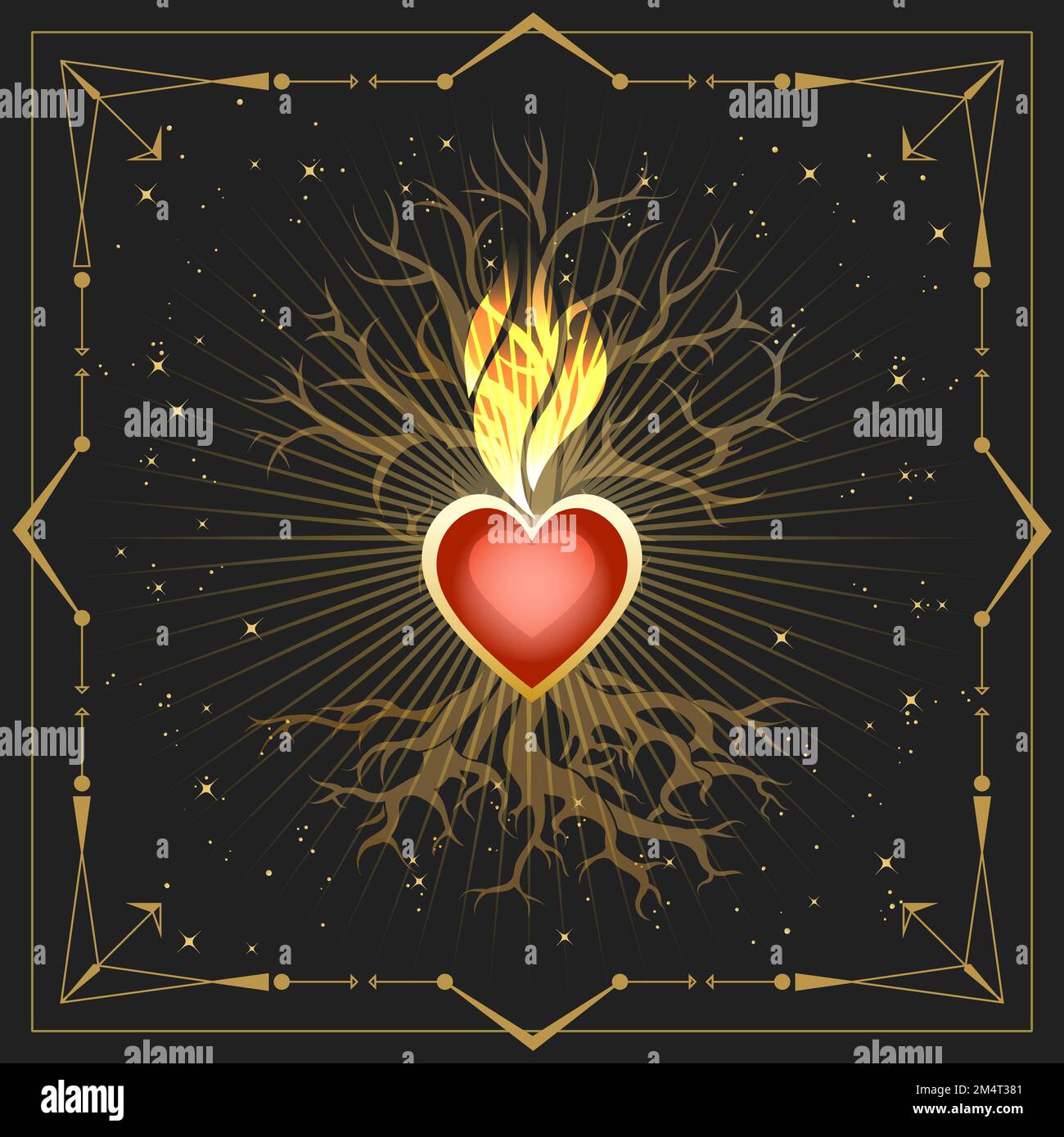 Emblem von Flaming Heart und Tree Mittelalterliches Astrologisches Emblem isoliert auf schwarzem Hintergrund. Vektordarstellung Stock Vektor Emblem von Flaming Heart und Tree Mittelalterliches Astrologisches Emblem isoliert auf schwarzem Hintergrund. Vektordarstellung Stock Vektor