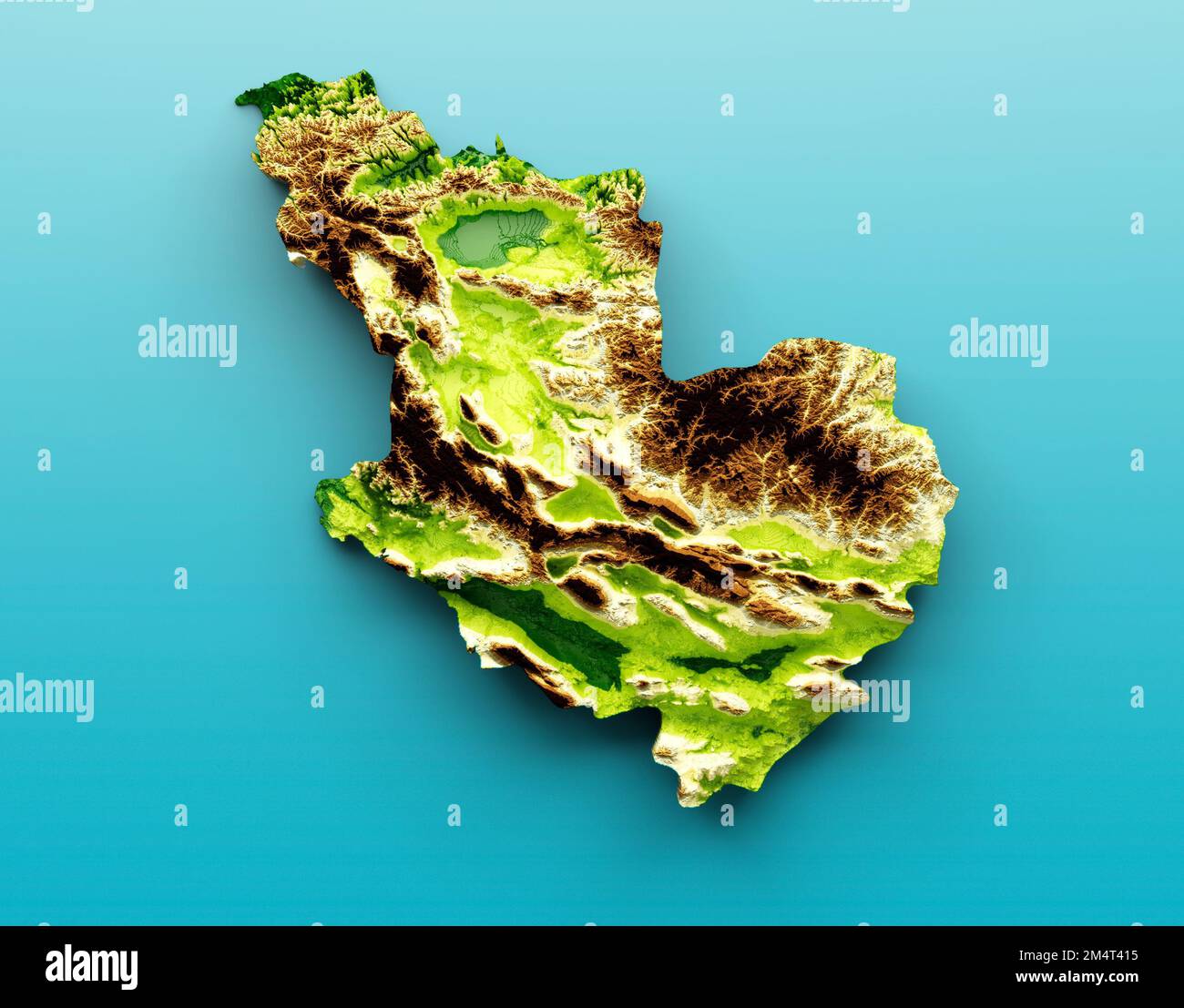 eine 3D-Darstellung der Karte „Madinah Map Shaded Relief Color Height“ auf dem Hintergrund „Sea Blue“ Stockfoto