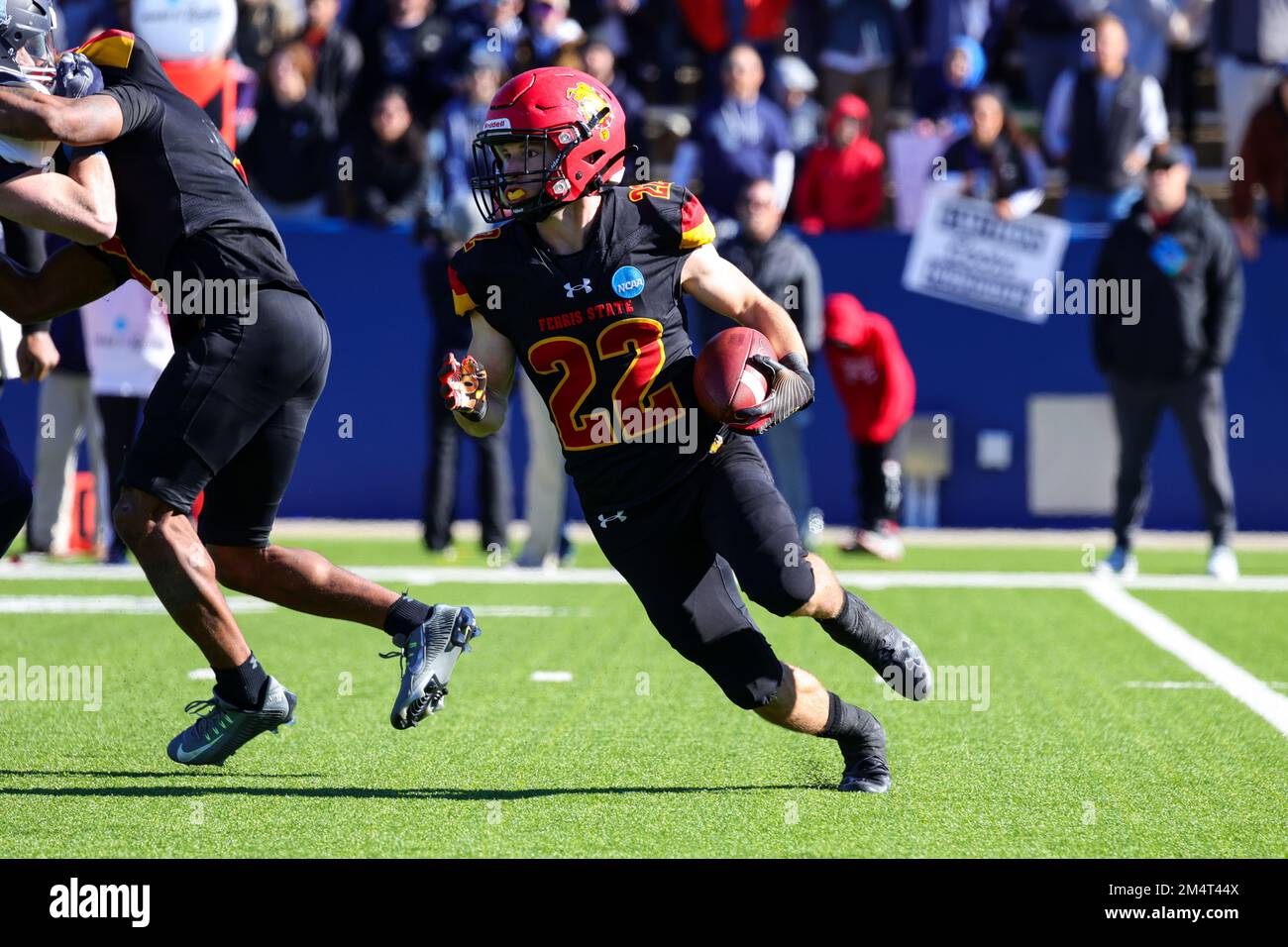 Ferris State Bulldogs Wide Receiver Brady Rose (22) auf einem Ende rund um das erste Quartal der NCAA Division II National Championship College für Stockfoto