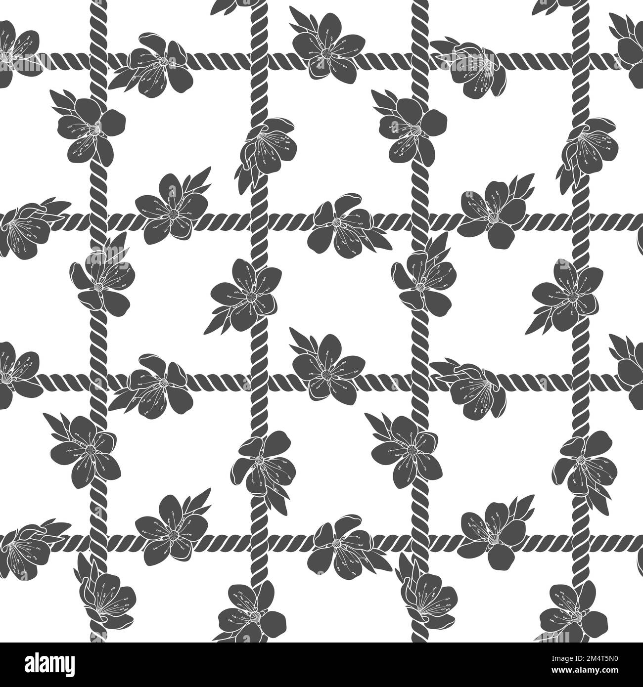 Nahtloses Muster mit Netz aus Kordel und Frühlingsblumen. Schwarzer und weißer Vektorhintergrund auf weiß. Stock Vektor