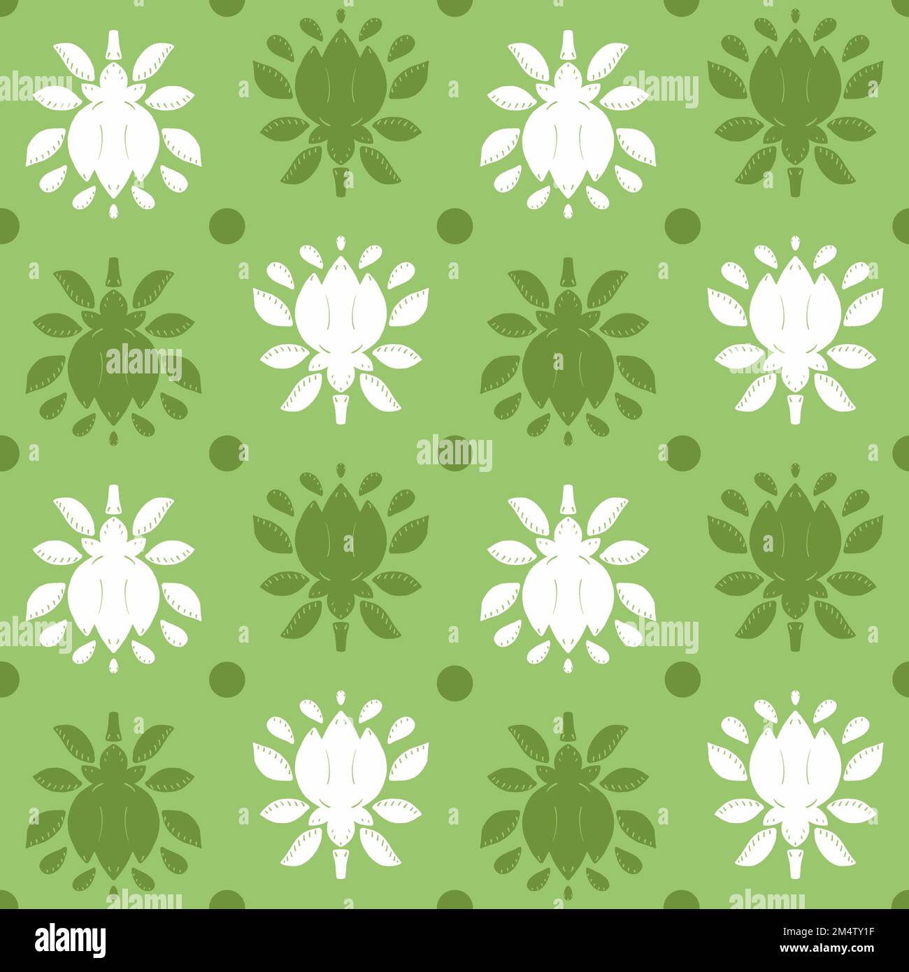Nahtloses geometrisches Blumenmuster. Grüne und weiße Blumen. Rasterdarstellung für Stoff, Verpackung, Textil, Bekleidung, Tapete. Stockfoto