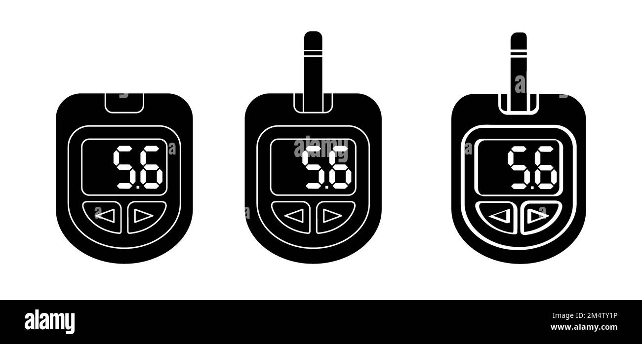 Blut-, Blutzucker- oder Blutzuckermessgerät. Blutzuckertest, Füllstand wird angezeigt. Diabetes-Insulin. Gerät zur Prüfung und Überwachung des Zuckergehalts. Cartoon CO Stockfoto