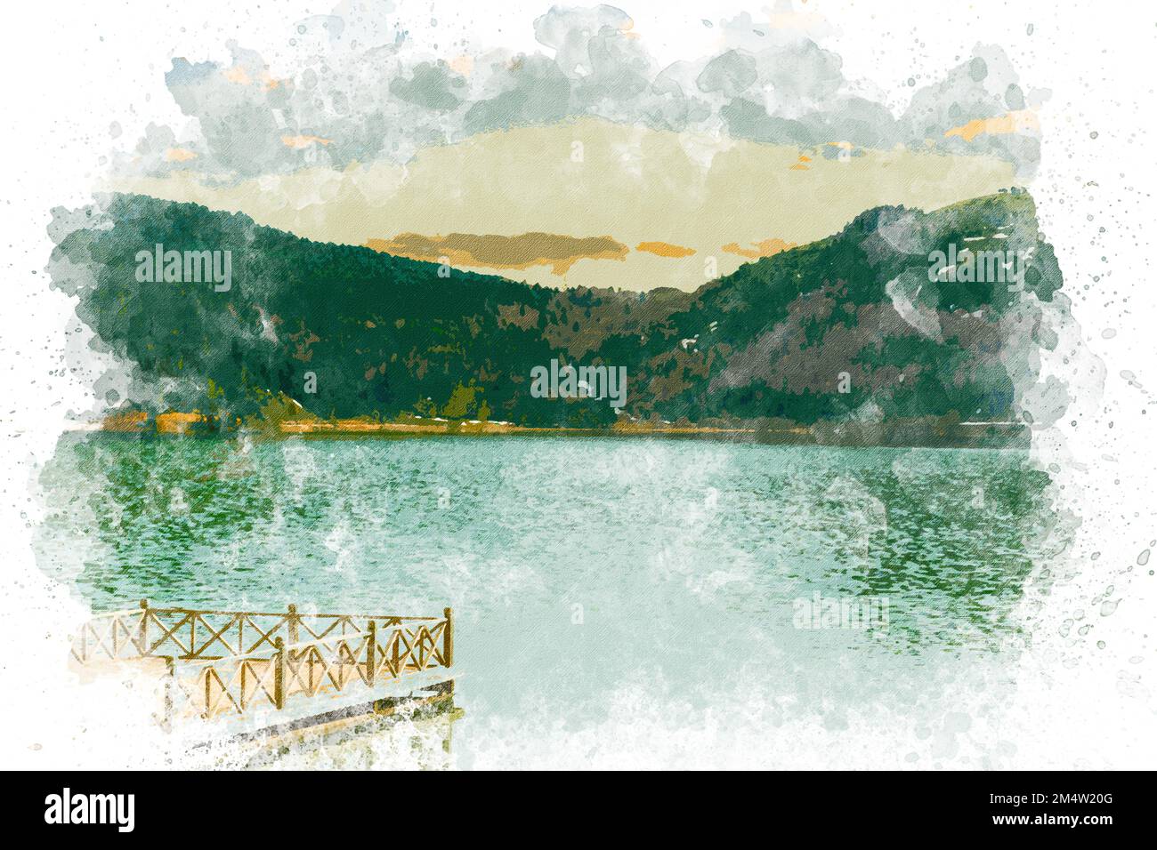 Aquarelle Kunst Abant Seenlandschaft in der Türkei. Aquarellmalerei von Natur, See, Berg. Bolu Abant Türkei Stockfoto