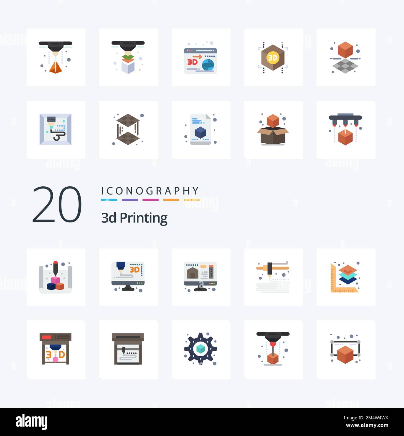 20 3D-Druck flache Farbsymbole wie 3D-Druck computerskalierte Modellierung Stock Vektor