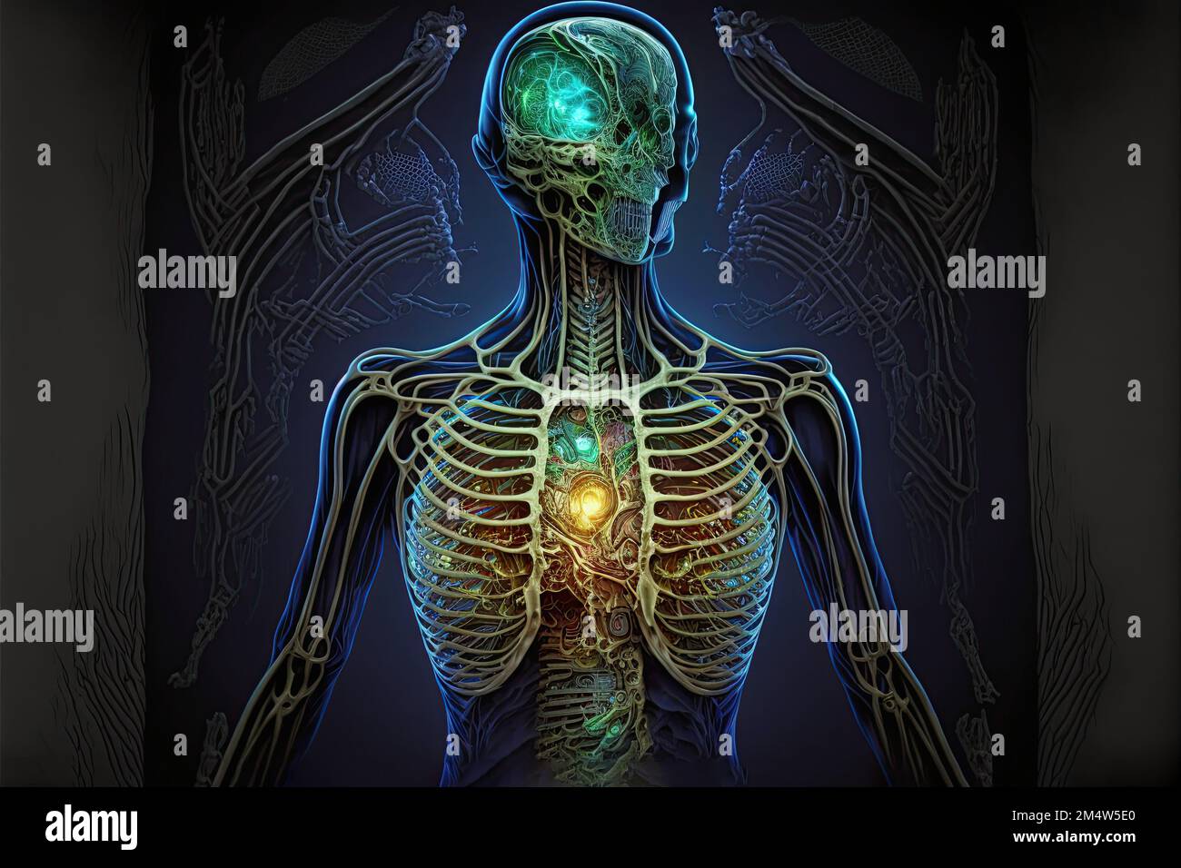 SCI-Fi-Skelett einer außerirdischen Autopsie mit einem glühenden Herzen in seiner Brust, psychedelischer Cyberpunk-Körperscan außerirdischer Anatomie. High-Tech Stockfoto