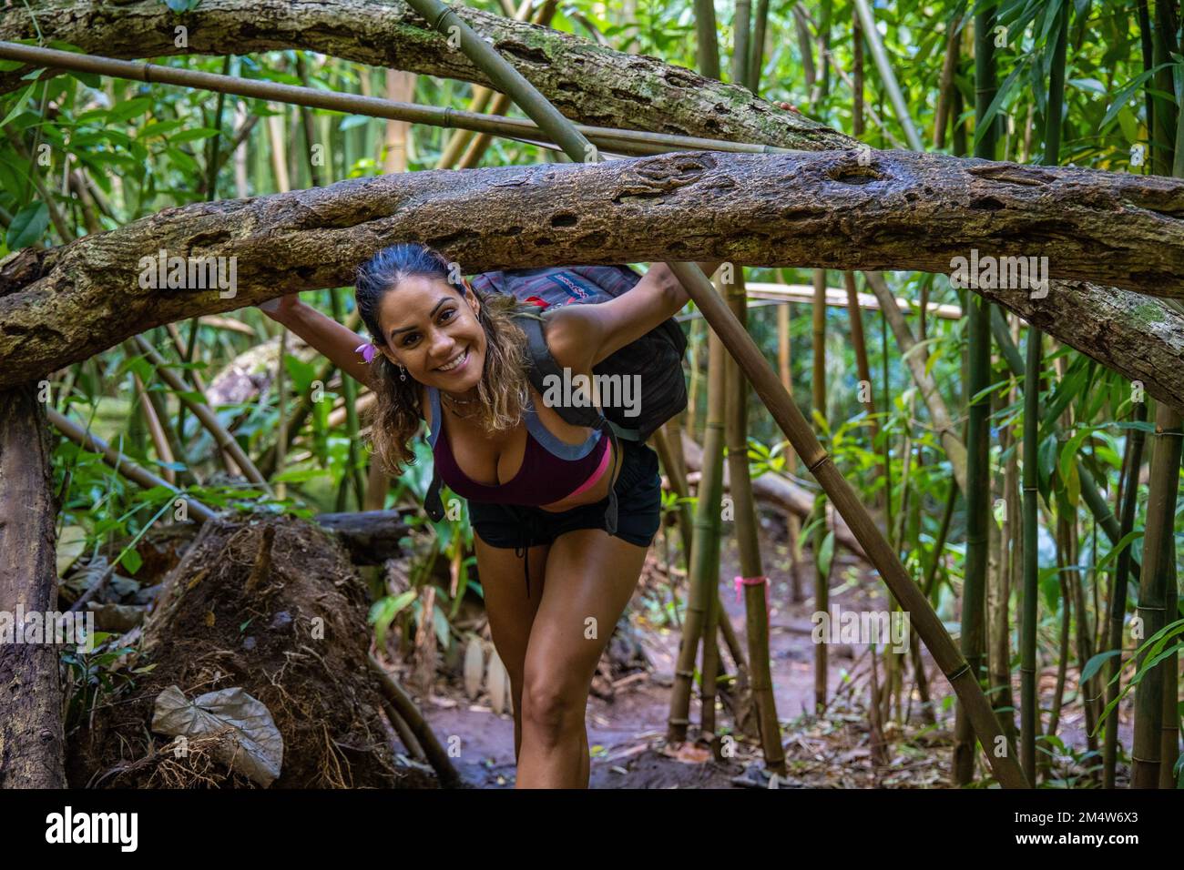 Porträt einer jungen Weißen auf einer Wandertour in einem Wald auf O'ahu Island, Hawaii Stockfoto