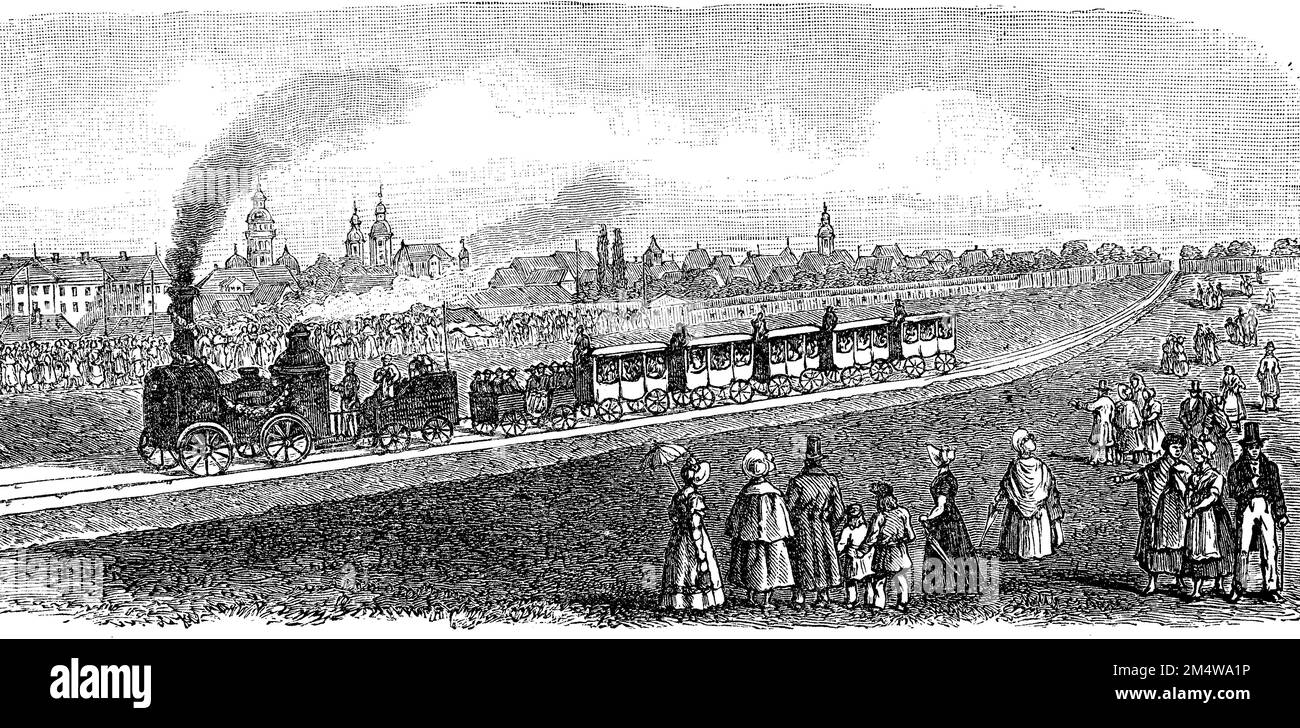 Der erste Zug auf der Bahnlinie der Eisenbahn von Dresden nach Leipzig, 1839, Sachsen, Deutschland, Historisch, Digitale Restaurierte Reproduktion von einer Vorlage aus dem 19. Jahrhundert / der erste Zug der Eisenbahnlinie von Dresden nach Leipzig, 1839, Sachsen, Deutschland, historisch, Digital wiederhergestellte Reproduktion aus einer Vorlage des 19. Jahrhunderts Stockfoto