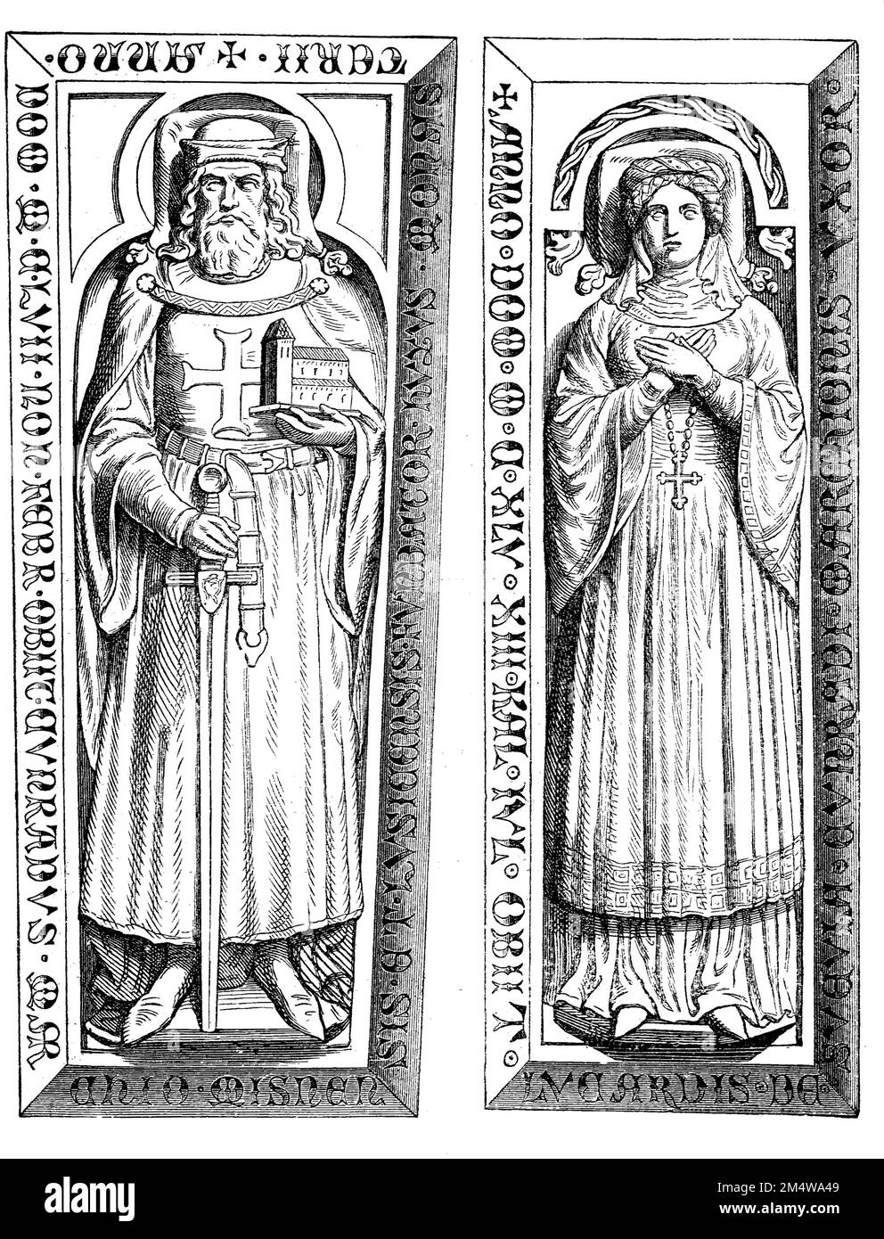 Konrad I. von Wettin und seine Gemahlin Luitgard von Ravenstein (um 1104 bis 19. Juni 1146, Markgraf Konrad von Meißen, genannt der Große oder der Fromme (* um 1098 bis 5. Februar 1157) war Graf von Wettin, ab 1123 Markgraf von Meißen und ab 1136 der Mark Lausitz, aus dem Adelsgeschlecht der Wettiner, Historisch, digital restaurierte Reproduktion von einer Vorlage aus dem 19. Jahrhundert / Konrad I. von Wettin und seine Frau Luitgard von Ravenstein (ca. 1104 bis 19. Juni 1146, Margrave Konrad von Meißen, genannt der große oder der fromme (* Ca. 1098 bis 5. Februar 1157) war Graf von Wettin, von 11 Stockfoto