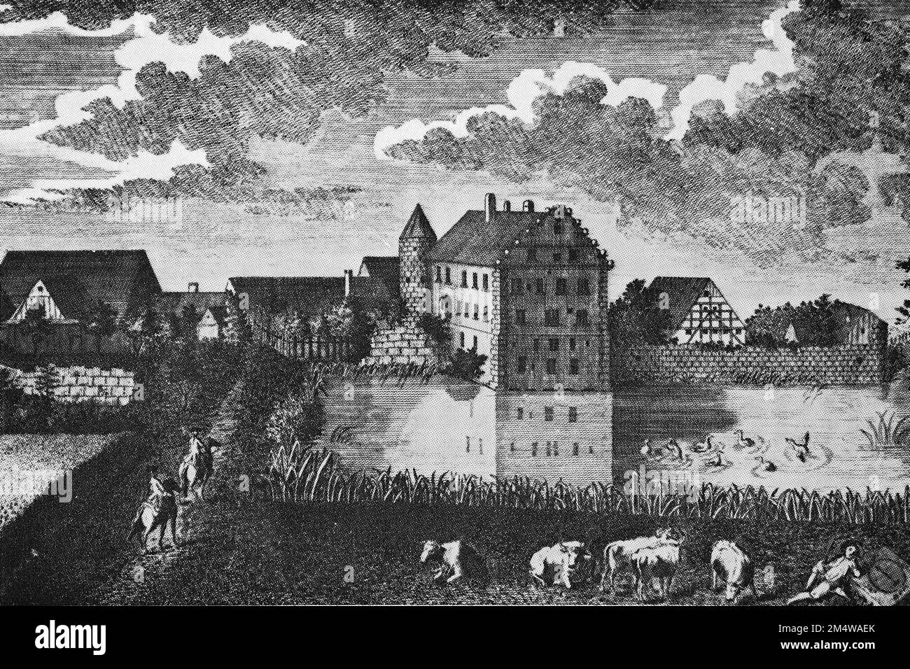 Historisches Bild der Burg Rohensaas um 1800, Bayern, Deutschland, Historisch, digitale Restaurierte Reproduktion von einer Vorlage aus dem 19. Jahrhundert / Historischer Blick auf Schloss Rohensaas um 1800, Bayern, Deutschland, Historische, digital restaurierte Reproduktion aus dem 19. Jahrhundert Stockfoto