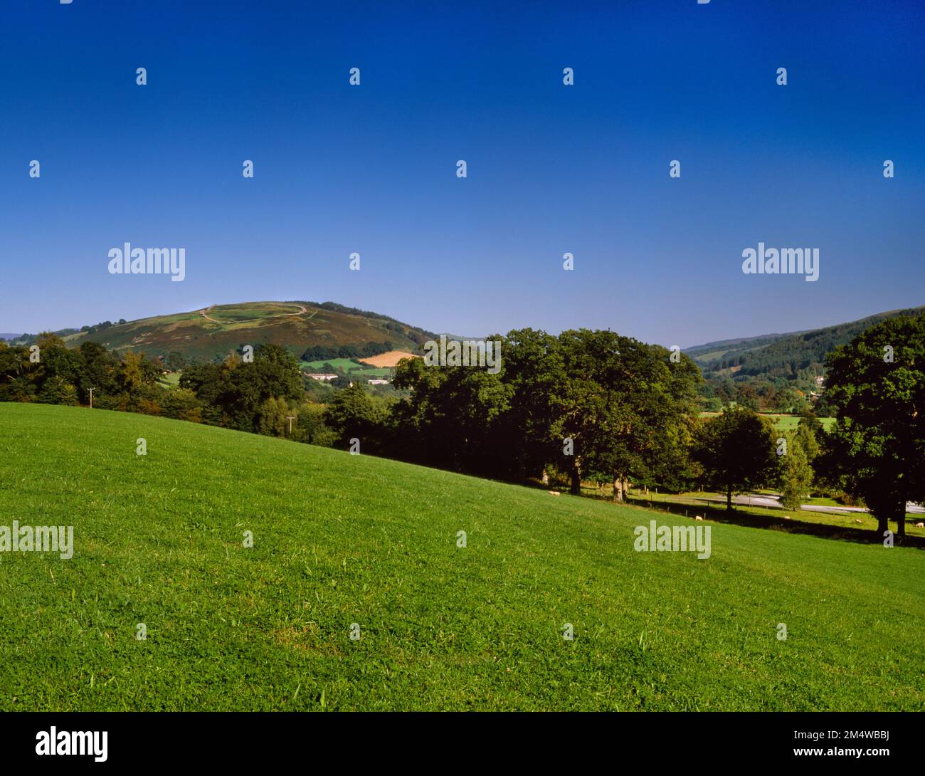 Die riesige Steinmauer des Caer Drewyn Iron Age Hügels über dem Fluss Dee mit Blick auf E von oben Rug Chapel, Corwen, Denbighshire, Wales, Großbritannien. Stockfoto