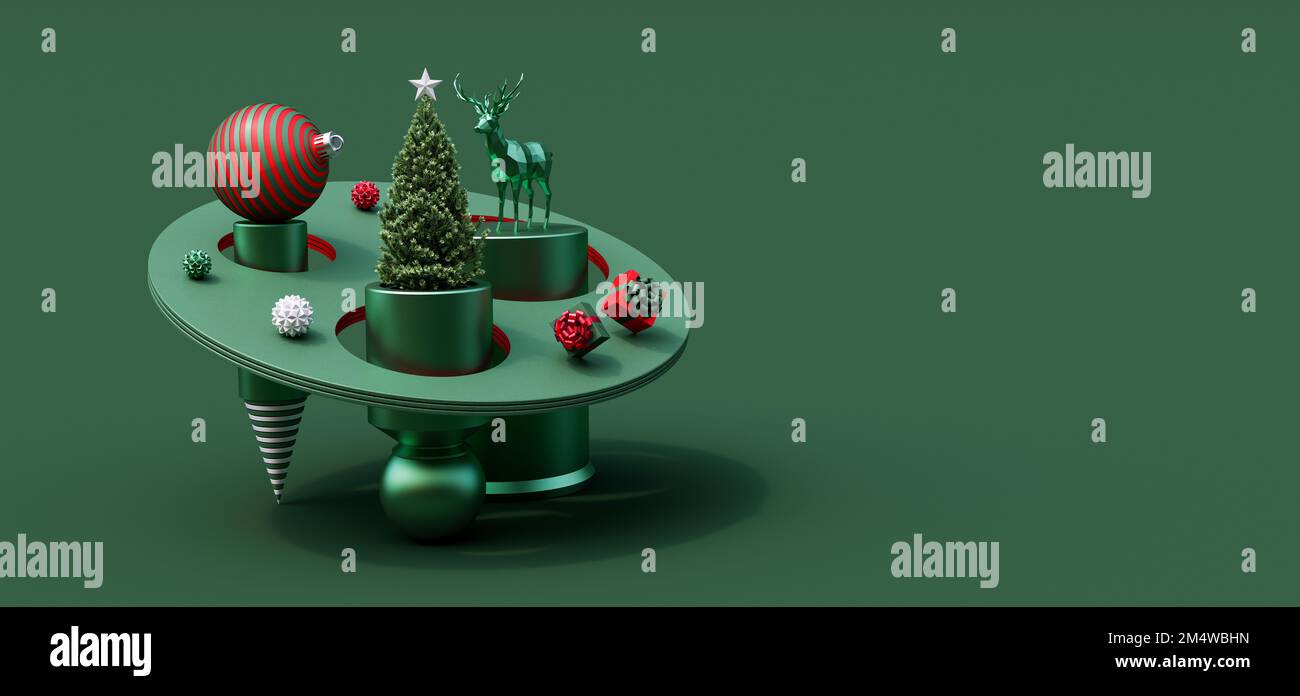 Modernes Podium mit Weihnachtsbaum, Rentieren und Geschenken auf grünem Hintergrund 3D-Rendering Stockfoto