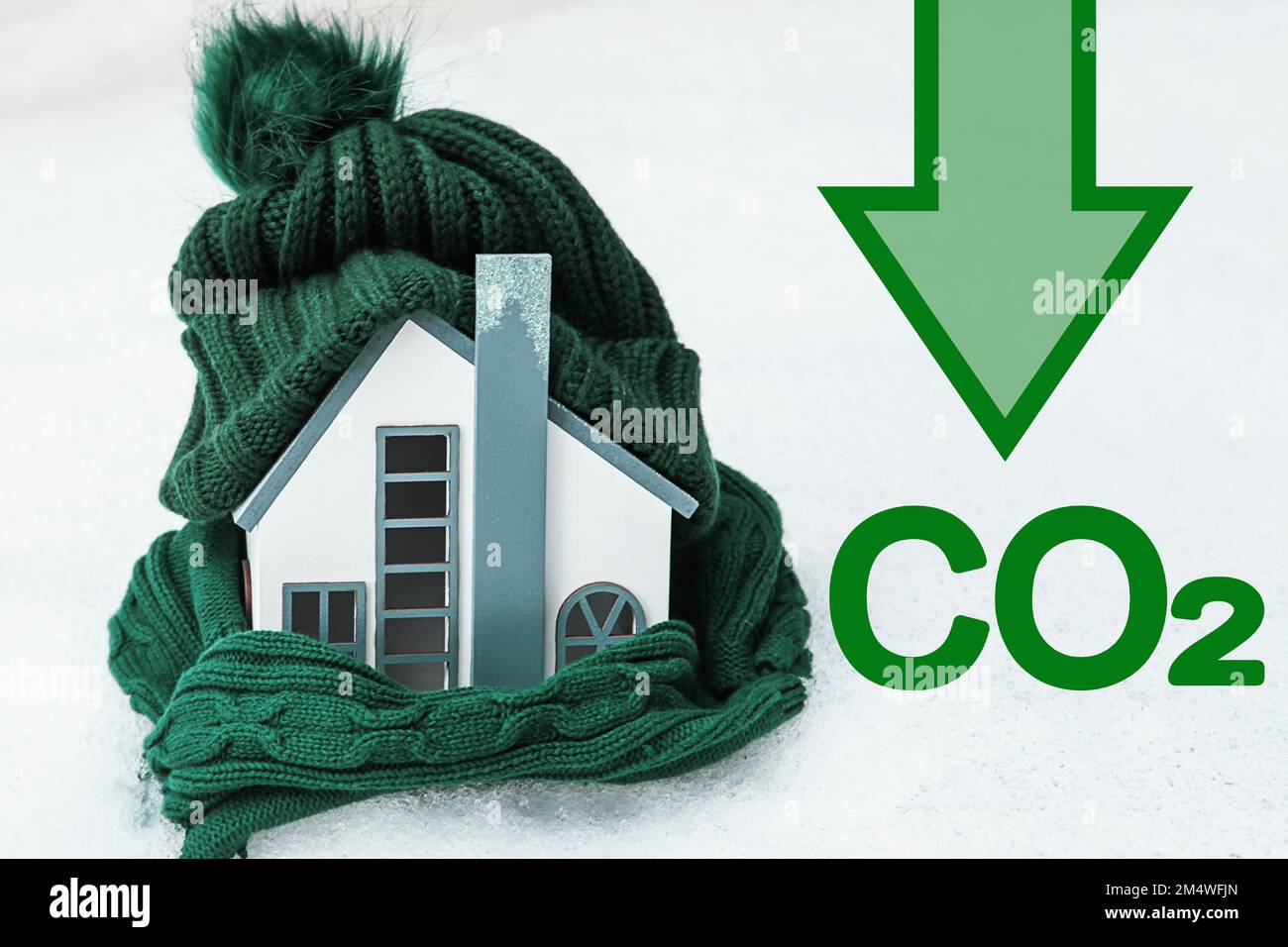 Saubere Hitze. Dekarbonisierung. Wärme Enorme Co2-Bilanz. Geringere CO2-Emissionen und weniger Kohlenstoff. Haus, warmer Strickmütze. Nachhaltige Entwicklung, envi Stockfoto