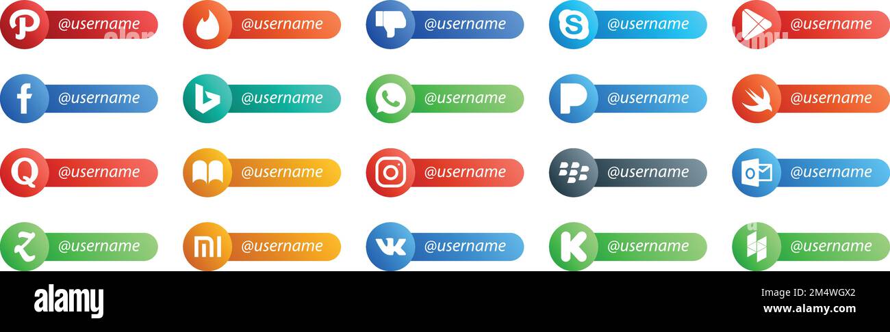 20 Schaltfläche „Folgen“ Für Soziale Medien. Benutzername und Ort für Text wie Outlook. instagram. bing. ibooks. quora Stock Vektor