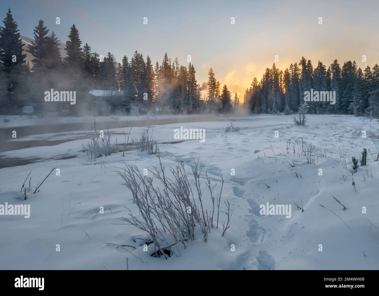 Eisnebel bei kaltem Wetter über dem Spring Creek in Canmore, Alberta, Kanada Stockfoto