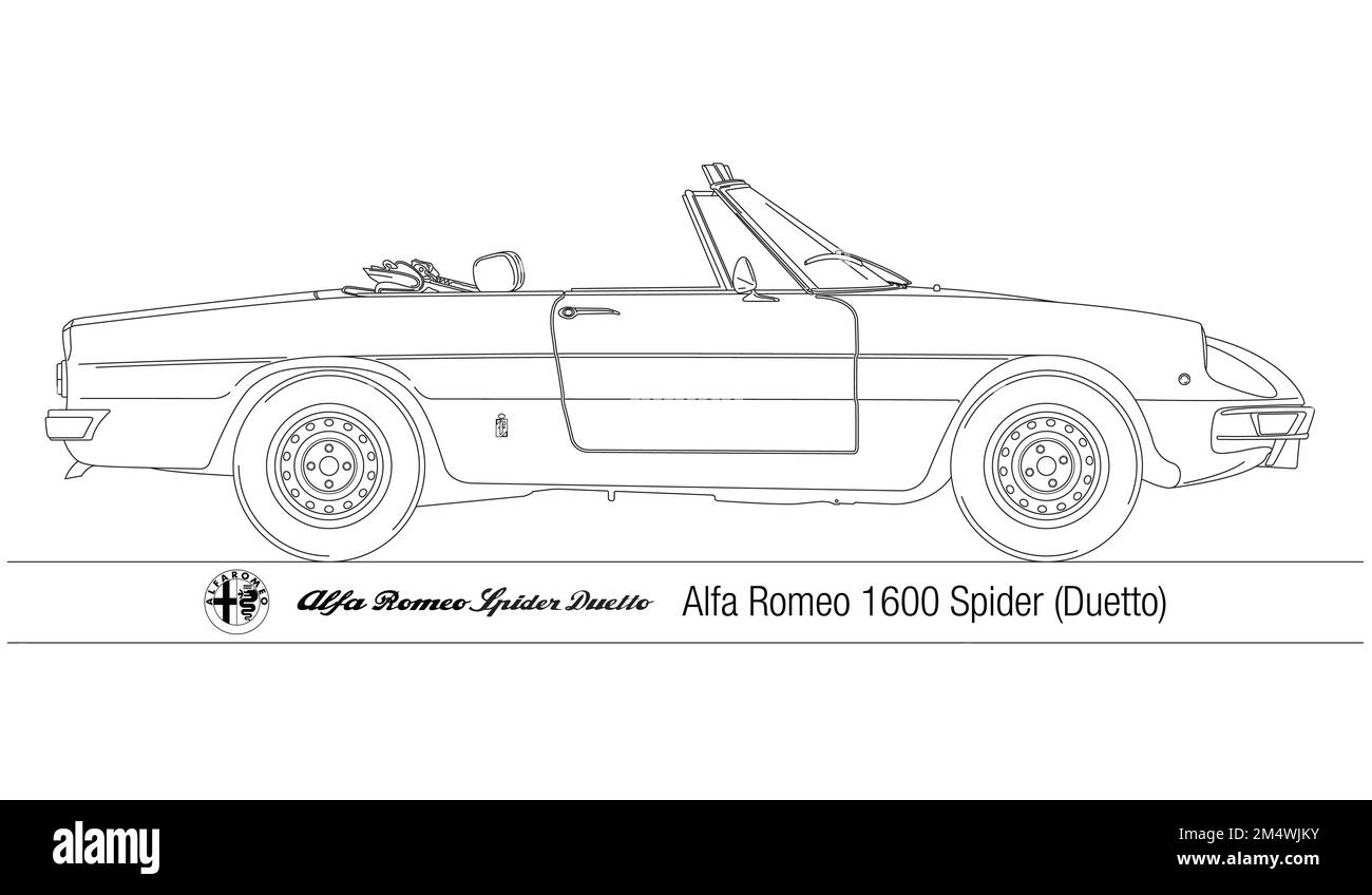 Italien, Jahr 1972, Alfa Romeo Spider 1600 Duetto Oldtimer-Silhouette, auf weißem Hintergrund zeichnen, Illustration Stockfoto