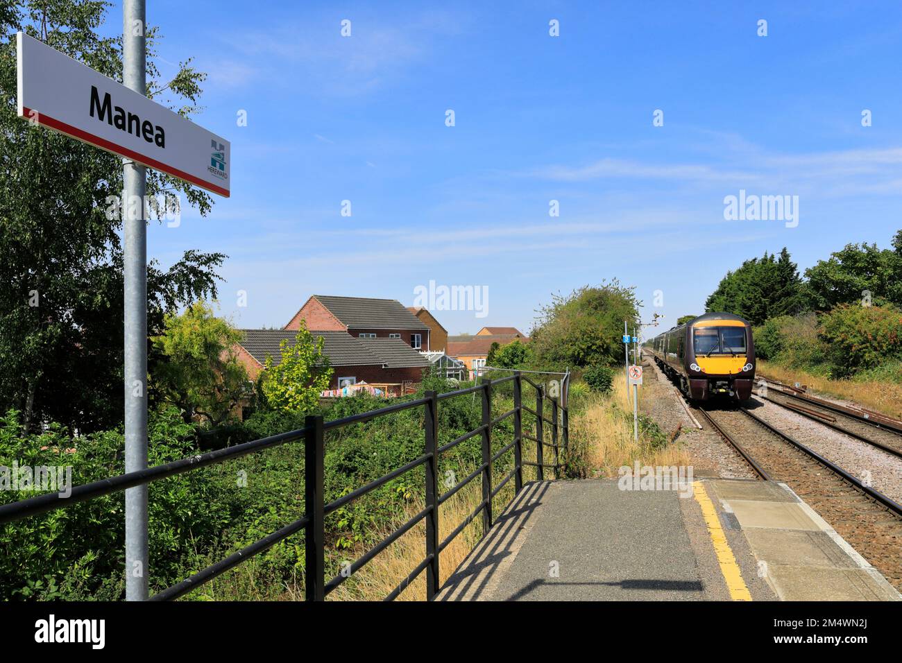 C2C Zug 170104 am Bahnhof Manea, Fenland, Cambridgeshire, England Stockfoto