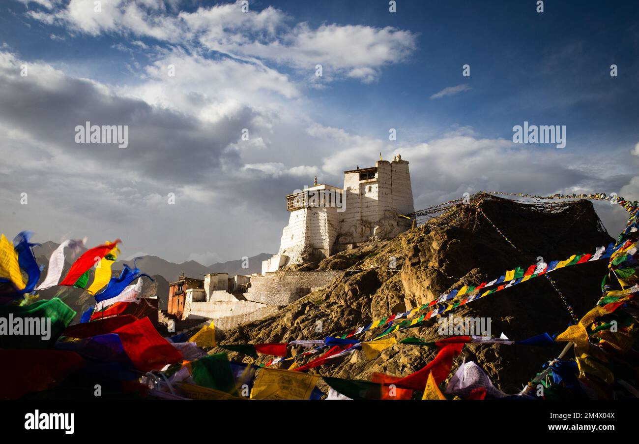 Gebetsflaggen fliegen hoch am Himmel, zwischen dem berühmten Namgyal Tsemo Kloster. Hoch Im Himalaya, Leh, Ladakh, Indien Stockfoto