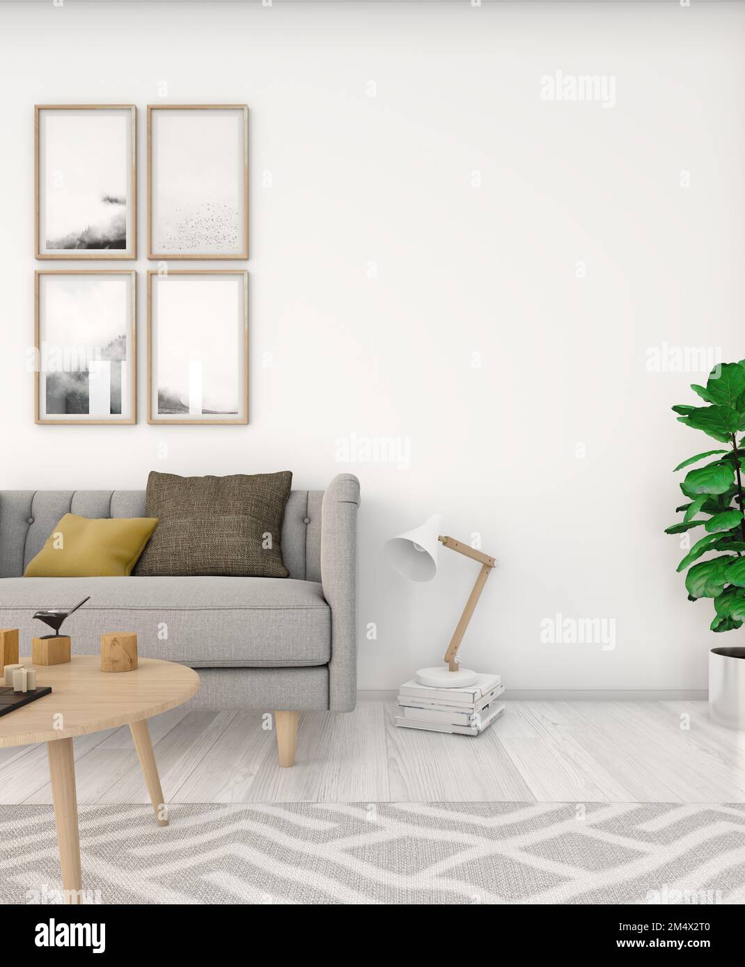 Innenansicht eines gemütlichen wohnzimmers im nordischen Stil. Weißer Holzfußboden, grauer Teppich, hängende Bilder mit Schwarz-Weiß-Fotos an der Wand im Bac Stockfoto