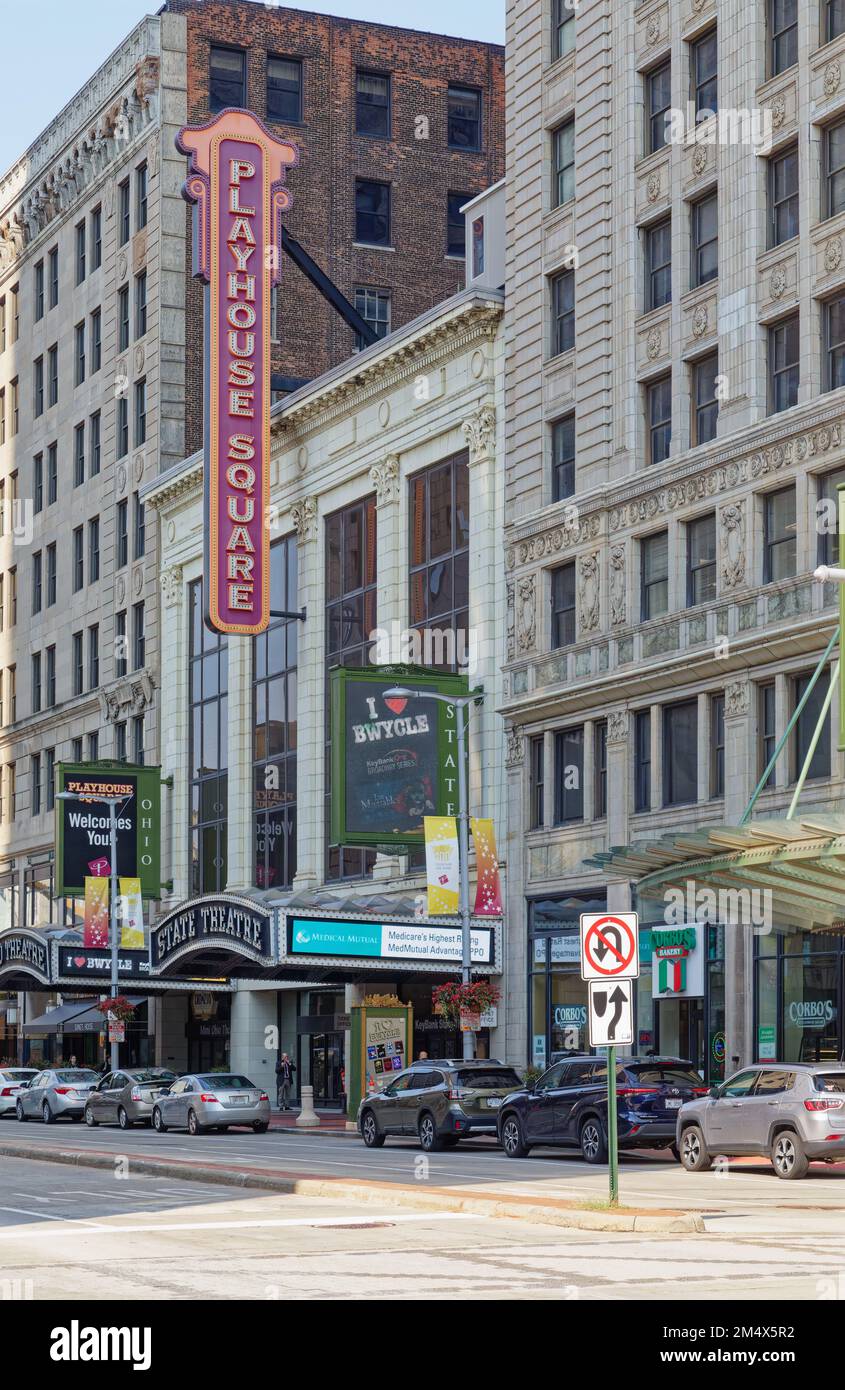 Das Ohio Theatre und das State Theatre befinden sich in verschiedenen Flügeln desselben Renaissance-Gebäudes, das 1911 erbaut wurde. Beide sind über die Euclid Avenue zu erreichen. Stockfoto