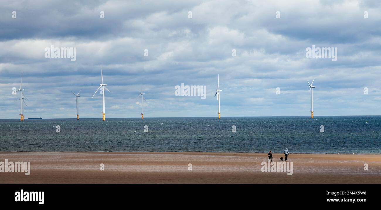 Ein Blick auf die Windturbinen vor der Küste von Redcar, England, Großbritannien, mit Menschen, die mit ihrem Hund am Strand spazieren Stockfoto