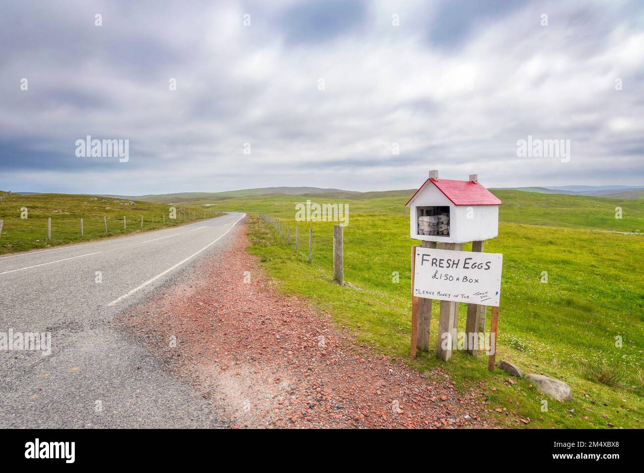 Vereinigtes Königreich, Schottland, frische Hühnereier zum Verkauf an einer abgelegenen Straße auf den Shetland-Inseln Stockfoto