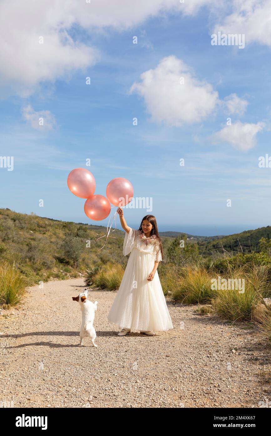 Mädchen in weißem Kleid mit Ballons, die auf dem Weg mit dem Hund spielen Stockfoto