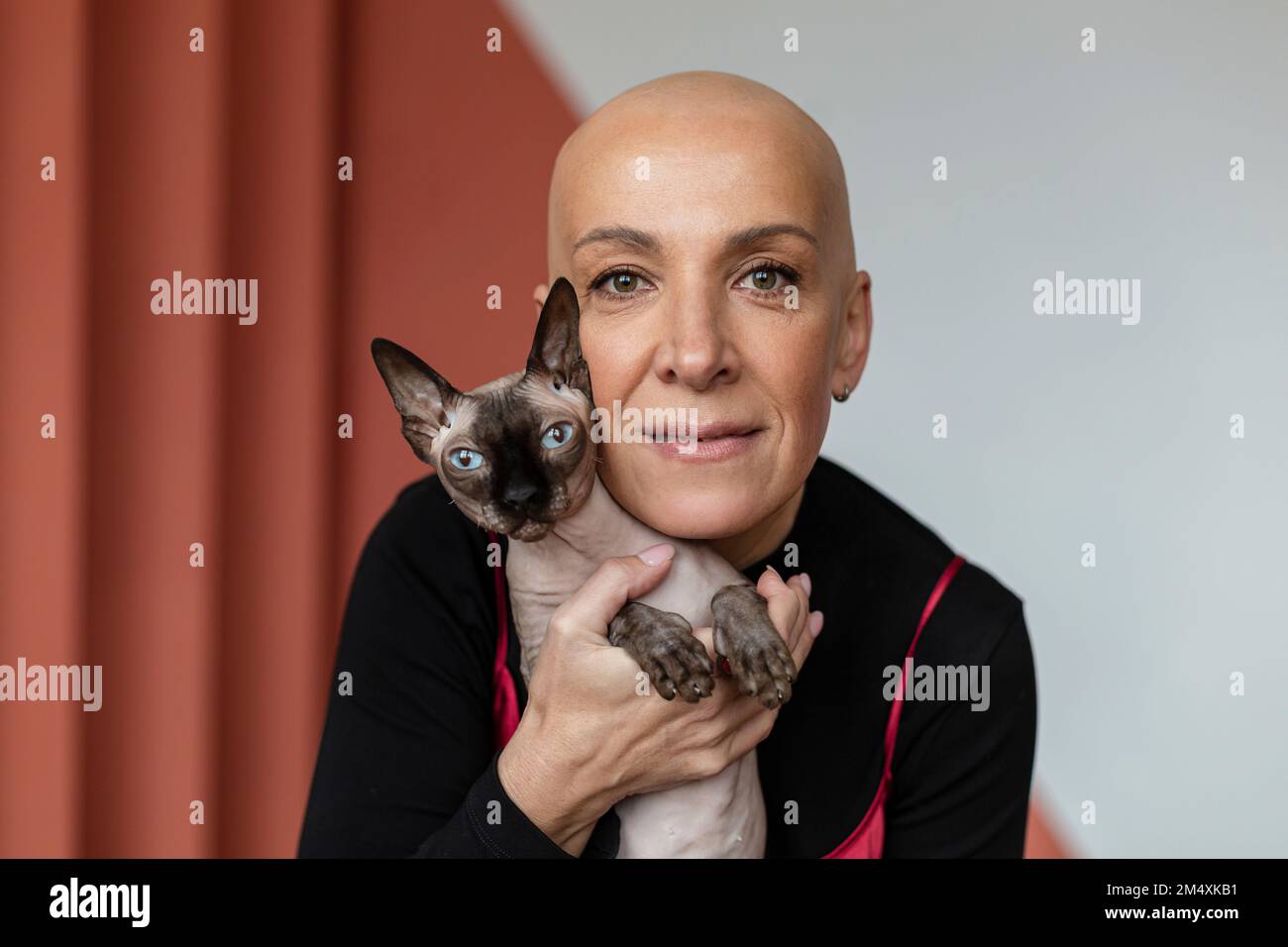 Kahlköpfige Frau, die die haarlose Sphynx-Katze umarmt Stockfoto