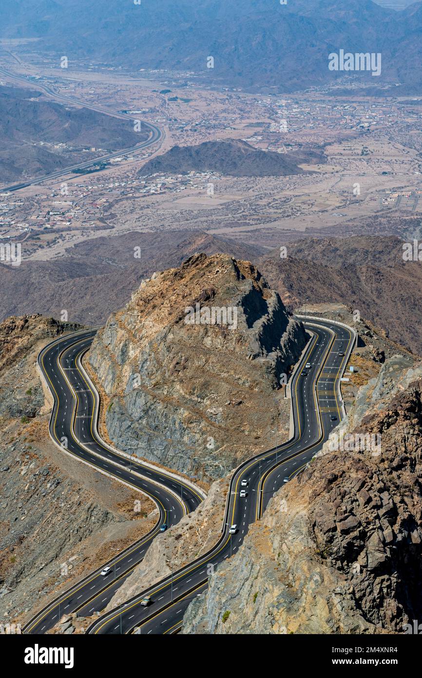 Saudi-Arabien, Mekka, Taif, Luftaufnahme der Al Hada Road Stockfoto