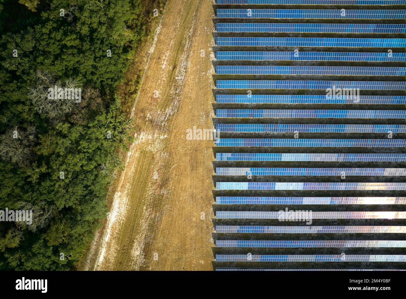 Luftaufnahme eines großen nachhaltigen Elektrokraftwerks mit vielen Reihen von Photovoltaik-Solarzellen zur Erzeugung sauberer elektrischer Energie. Erneuerbar elect Stockfoto