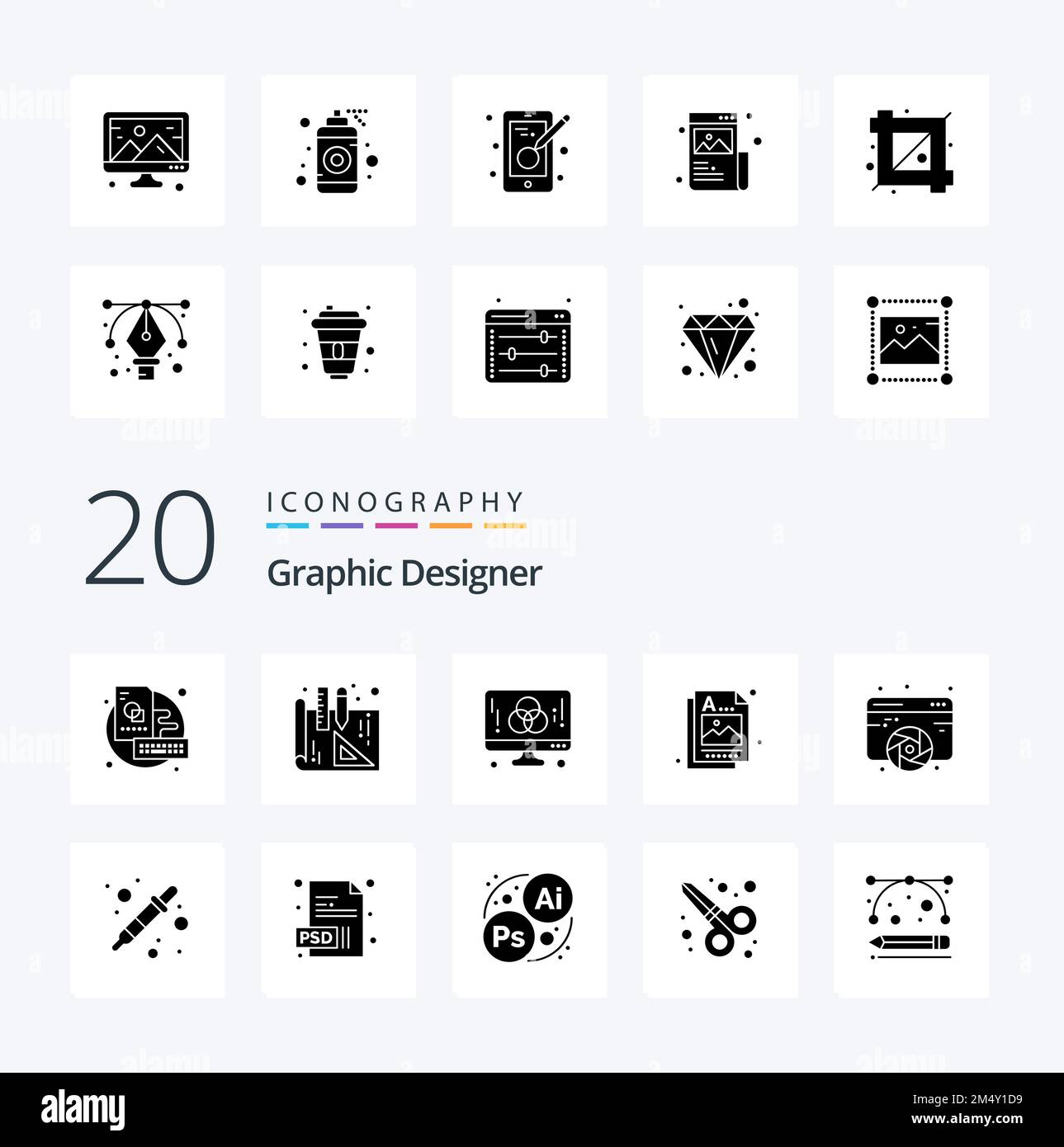 20 Graphic Designer Solid Glyph Icon Pack wie Bildergrafik für die Entwicklung von Designs Stock Vektor