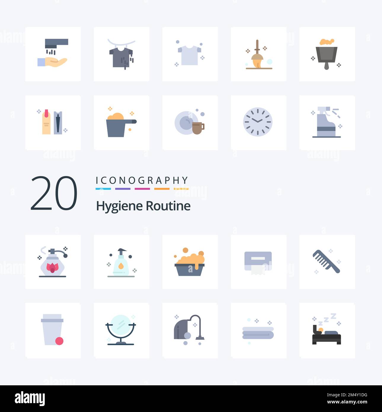 20 Hygiene Routine Flat Color Icon Pack wie Reinigung Reinigungstücher Suppe reinigen Stock Vektor