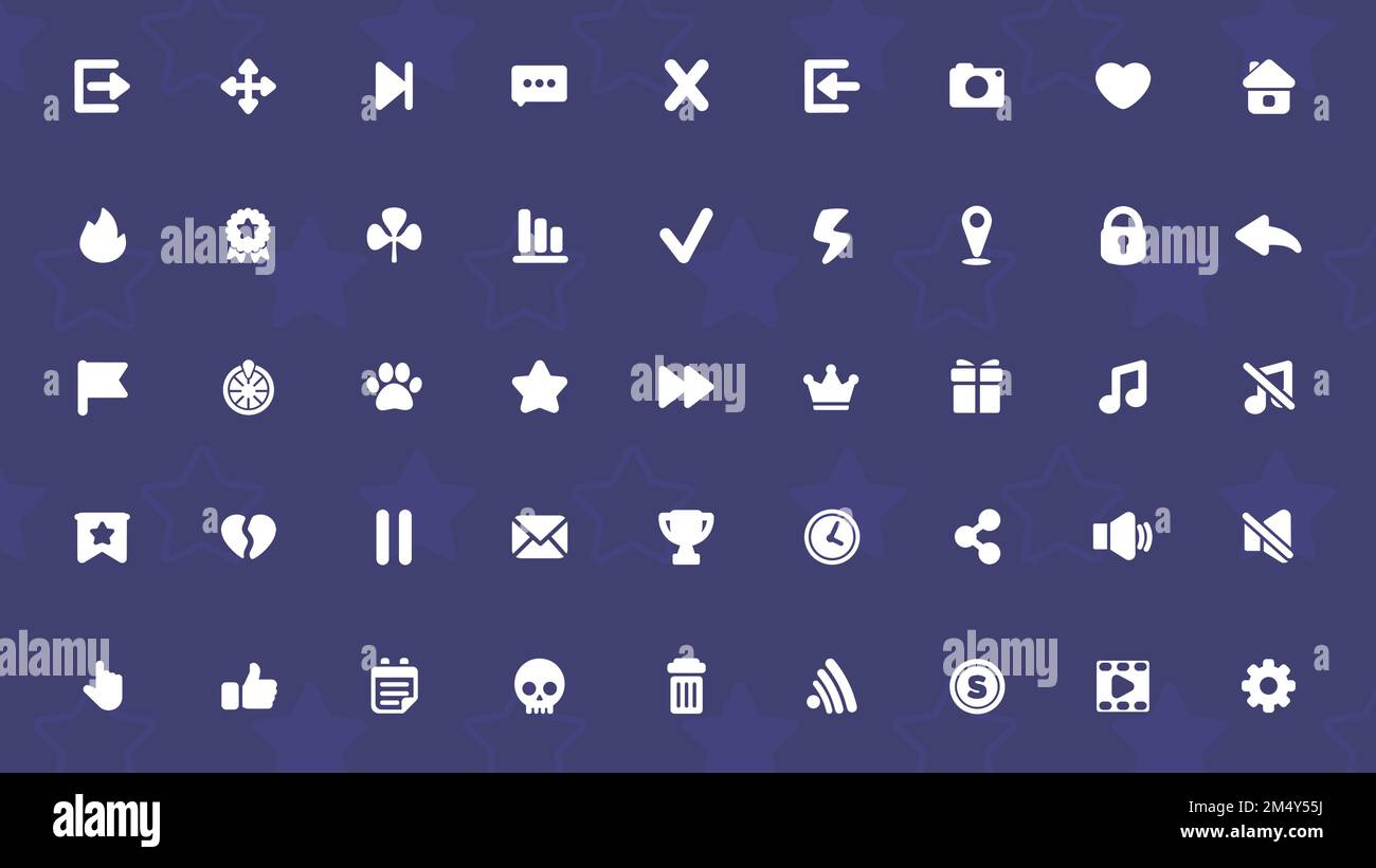 Symbole für mobile Spiele auf dunkelviolettem Hintergrund. GUI-Elemente für mobile App, Vektordarstellung. Symbole in Premiumqualität. Einfache Piktogramme für Stock Vektor