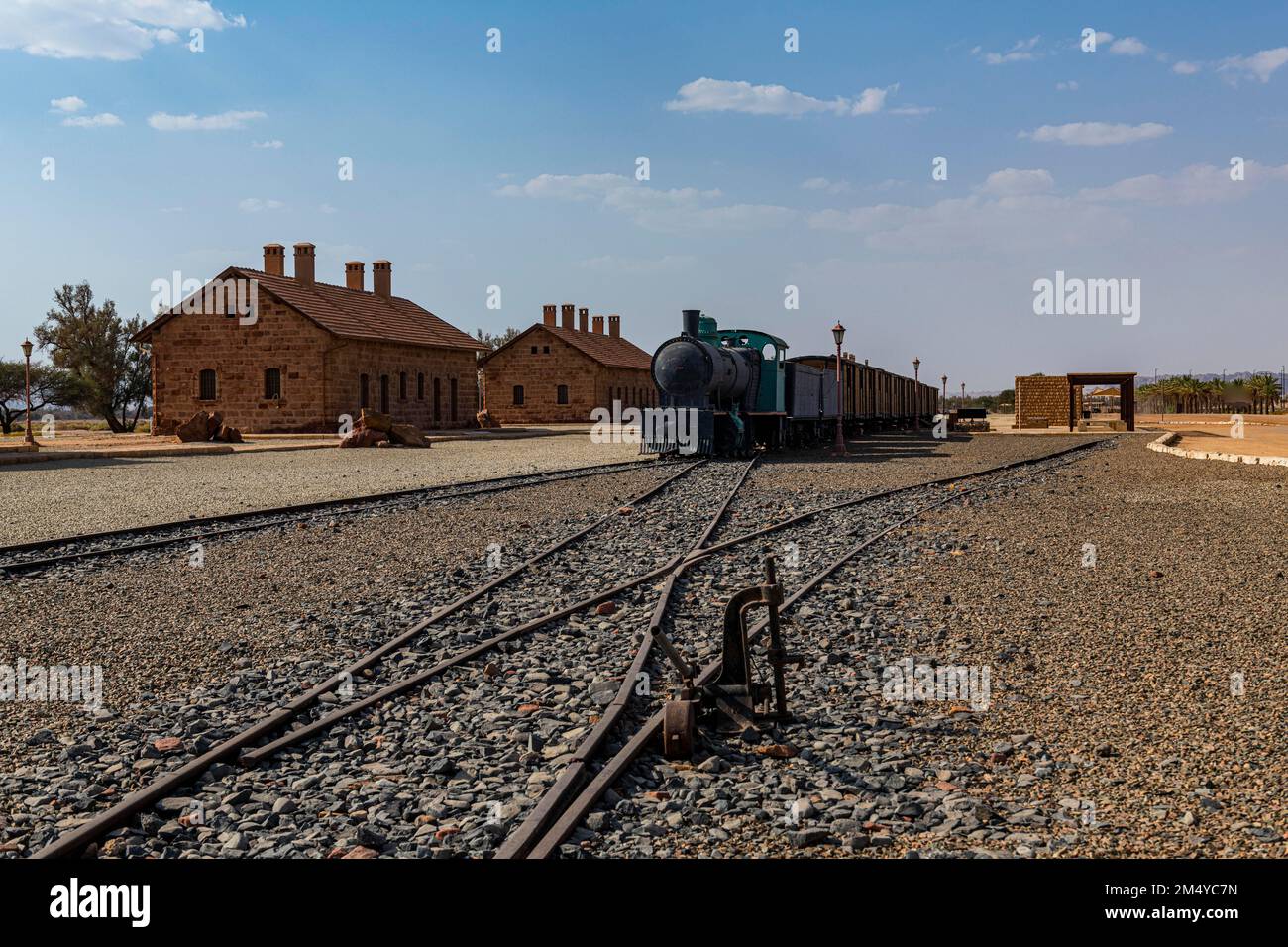 Alte Dampfeisenbahn, Bahnhof Hejaz in Al Ula, Königreich Saudi-Arabien Stockfoto