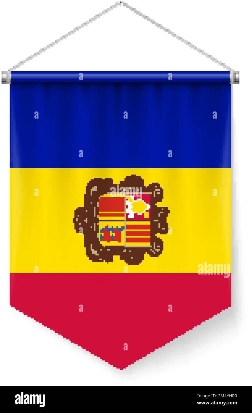 Vertikale Pennant-Flagge von Andorra als Symbol auf Weiß mit Schatteneffekten. Patriotisches Schild in offizieller Farbe und Blume, andorranische Flagge mit Metallic-Stangen Stock Vektor