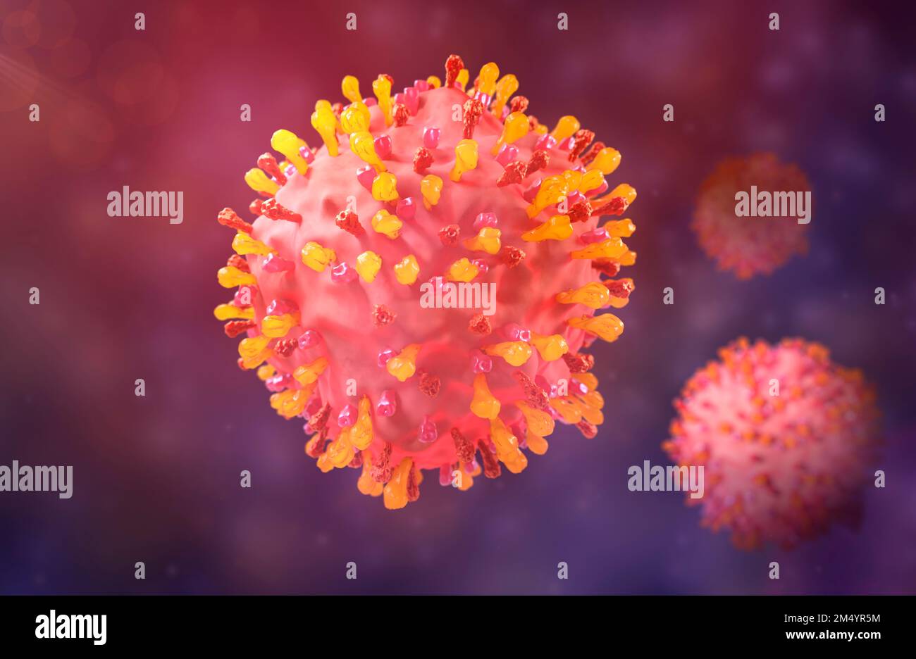 Partikel des Respiratory Syncytial Virus (RSV), 3D-Darstellung. RSV verursacht Atemwegsinfektionen. Stockfoto