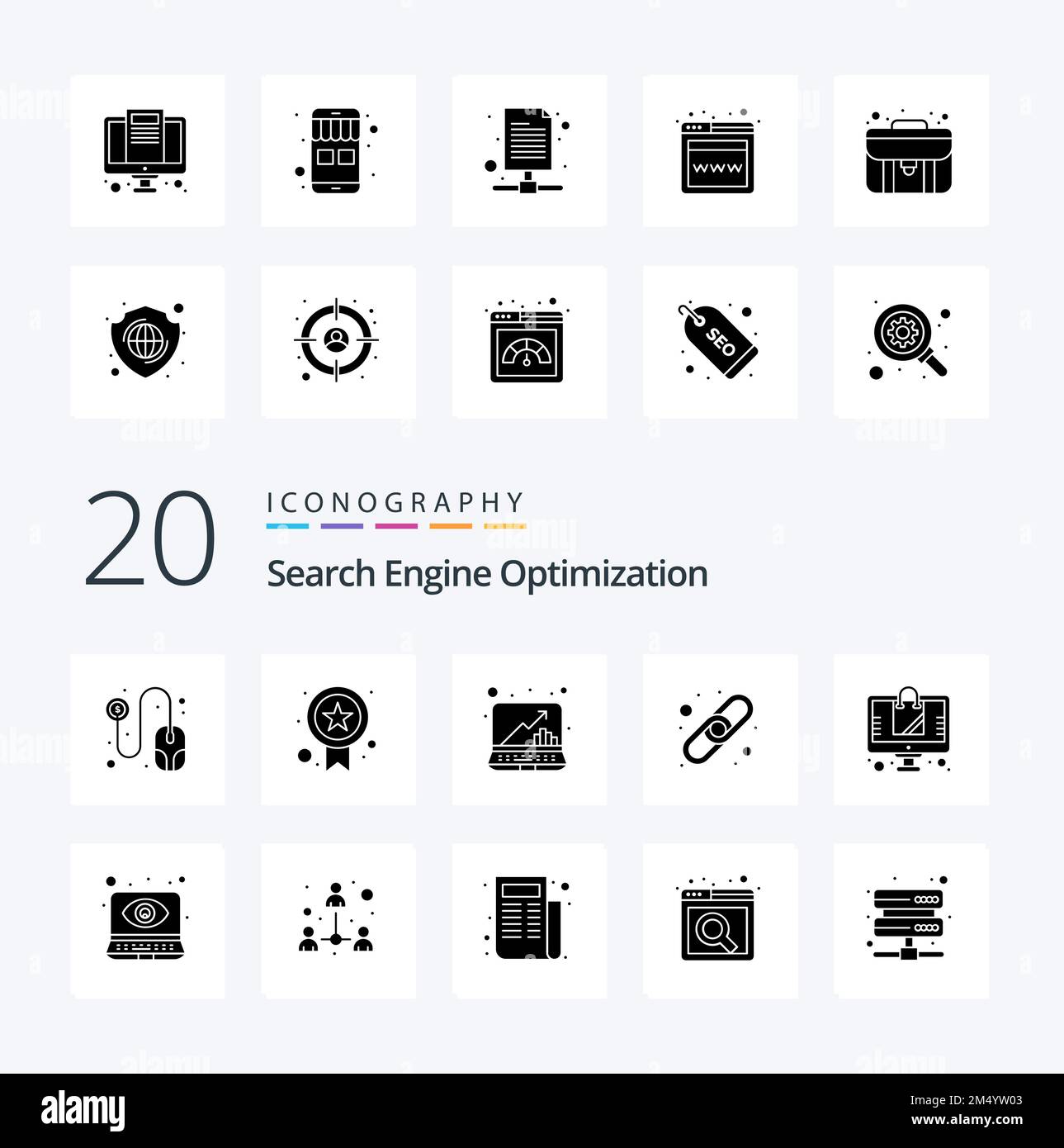 20 Seo Solid Glyph Icon Pack ähnlich dem Monitoring Eye Store Link zum Shop für Diagramme Stock Vektor