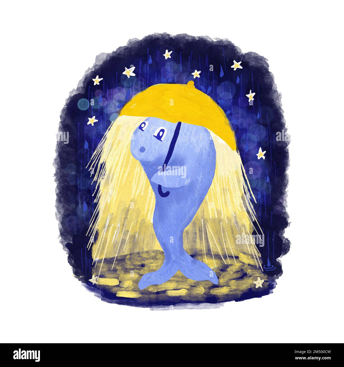 Handgezeichnete Illustration eines süßen Blauwals mit gelbem Regenschirm in nächtlichen Regensternen. Lustige Zeichentrickfigur für Kinder Karten Poster Gruß, Kawaii Happy Print zur Dekoration des Kinderzimmers Stockfoto