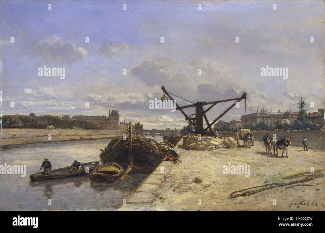 Blick vom Quai d'Orsay auf der seine, von Johan; Jongkind, 1854. Dieser Blick vom linken Ufer der seine umfasst die Tuilerien und den Louvre auf der linken Seite und den Palais d'Orsay und Hôtel de Salm (Palais de la Légion d'Honneur) auf der rechten Seite. Die Einbeziehung des Wäschekastens und der Industriekräne unterstreicht die Bedeutung des Flusses für die Pariser Arbeiterklasse. Stockfoto
