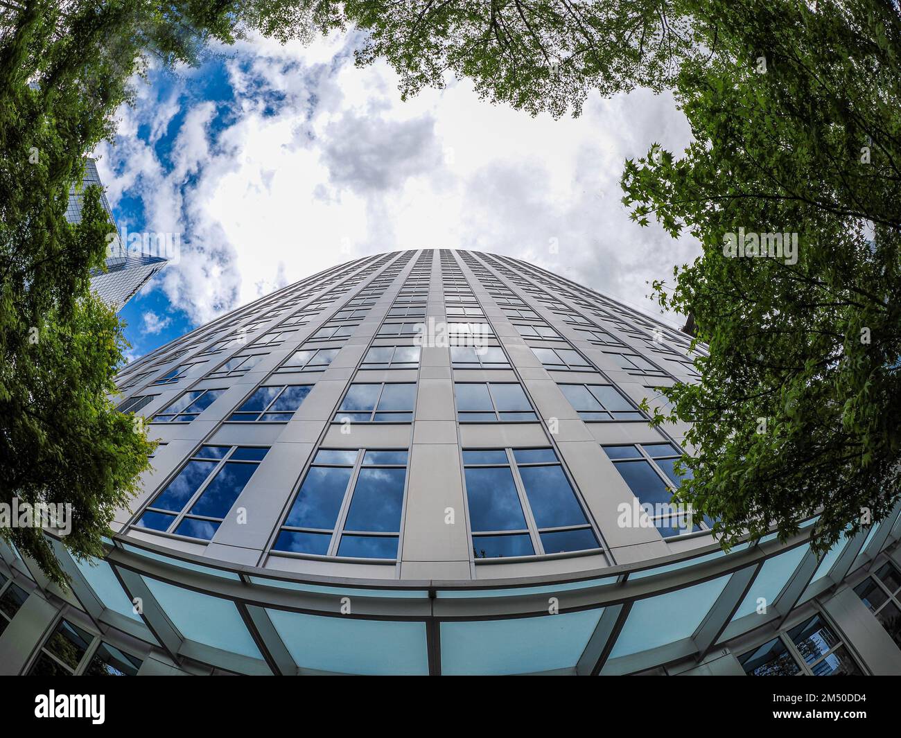 Das Hotel liegt in einem verglasten Gebäude im Zentrum von Bellevue in Washington, umgeben von grünen Bäumen mit einem wolkigen Himmel im Hintergrund Stockfoto