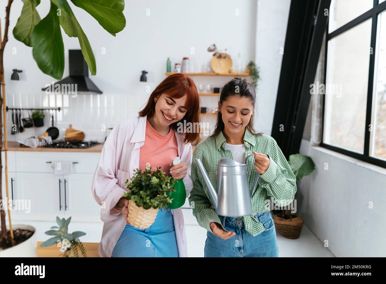 Frauen mit einer Gießkanne und einer Zimmerpflanze Stockfoto