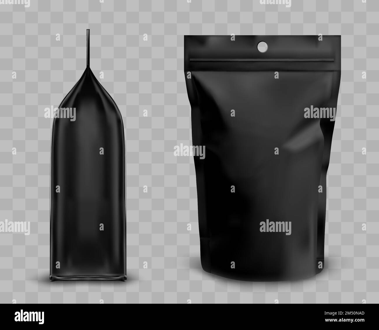 Folienbeutel mit Reißverschluss, Schachtel für Lebensmittel. Leere, aufstellbare Kunststofftasche, Vorder- und Seitenansicht. Vektorrealistisches Modell eines schwarzen Flexpakets mit isoliertem Reißverschluss auf transparentem Hintergrund Stock Vektor