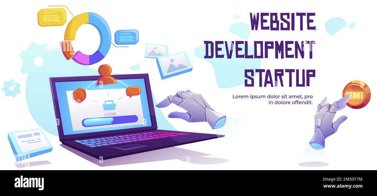 Startup-Banner für Website-Entwicklung. Projekt in Webtechnologien starten. Vektor-Landing-Page der Internet-Produktentwicklung mit Cartoon-Darstellung des Laptops, Diagramm und Start-Schaltfläche Stock Vektor