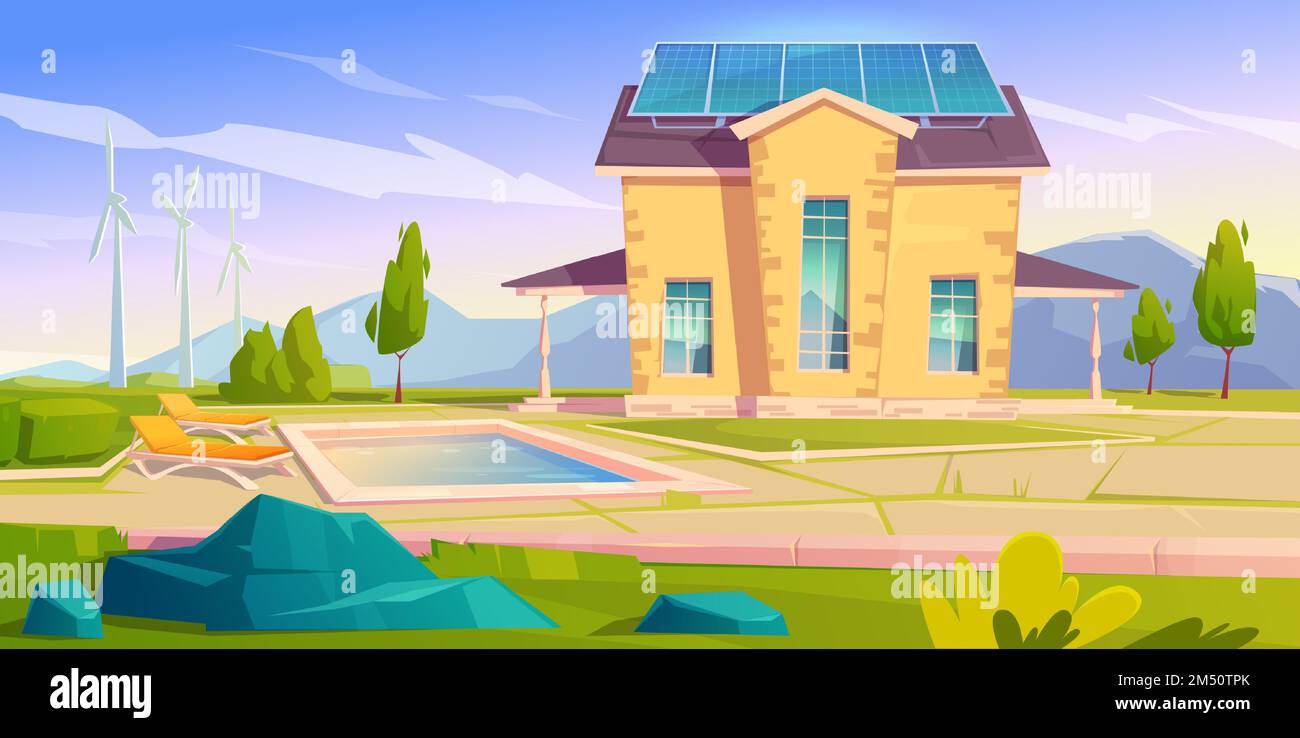 Haus mit Solarpaneelen und Windmühlen. Umweltfreundliches Haus, modernes Gebäude in Naturlandschaft mit Bäumen und Swimmingpool. Grüne erneuerbare Energie, organische Architektur, Cartoon-Vektordarstellung Stock Vektor