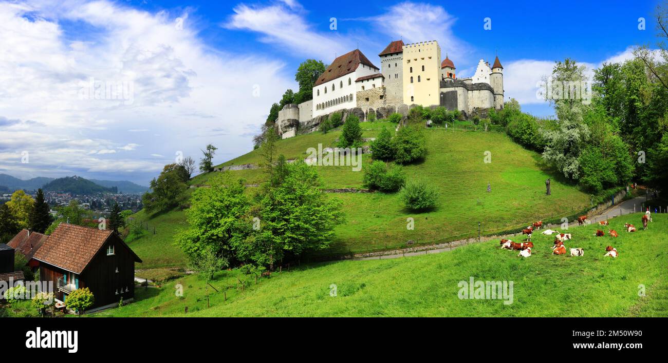 Malerische Schweizer Landschaft mit mittelalterlichen Burgen und grünen Weiden. Lenzburg, Schweiz Stockfoto