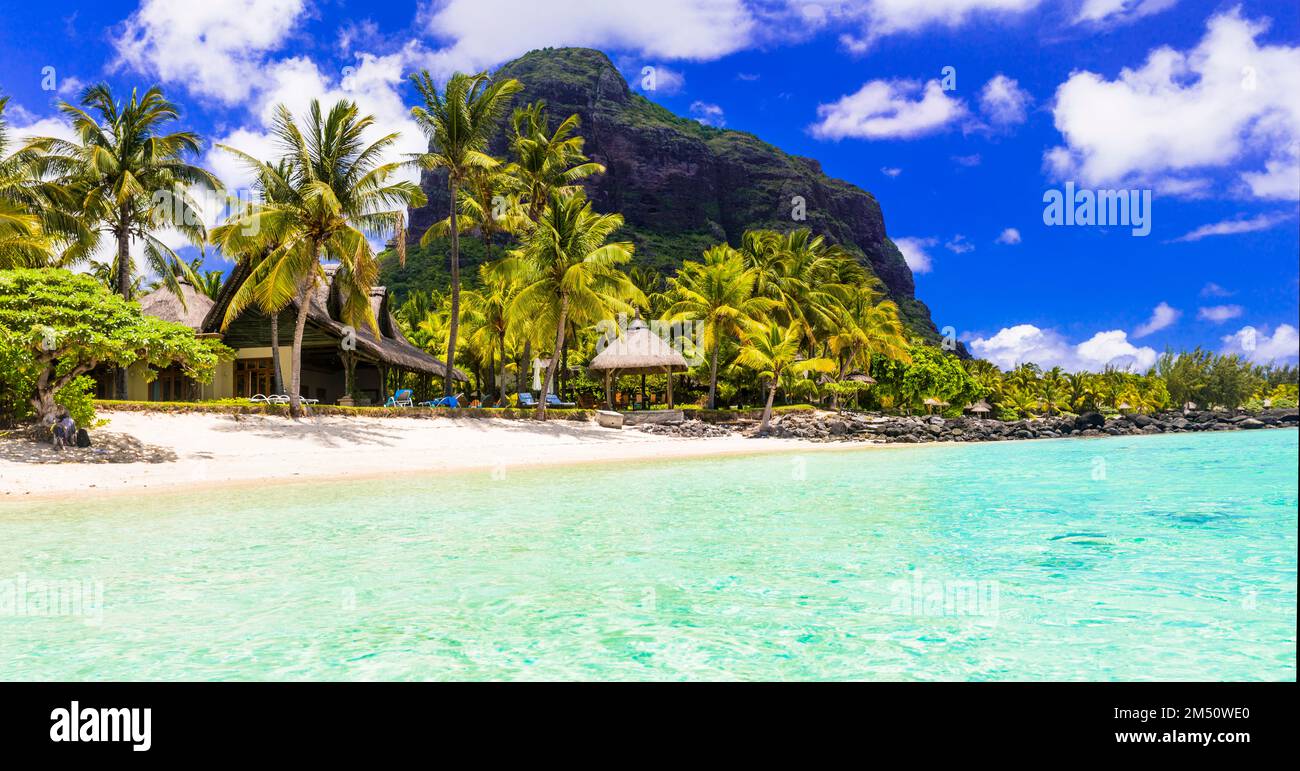 Trauminsel. Tropisches Paradies. Die besten Strände der Insel Mauritius, Luxusresorts von Le Morne Stockfoto