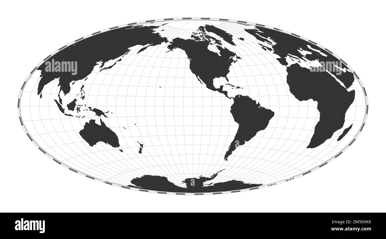 Vector-Weltkarte. Aitoff-Projektion. Geografische Karte mit Breiten- und Längengraden. Zentriert auf 120deg E-Längengrad. Vector Illustrati Stock Vektor