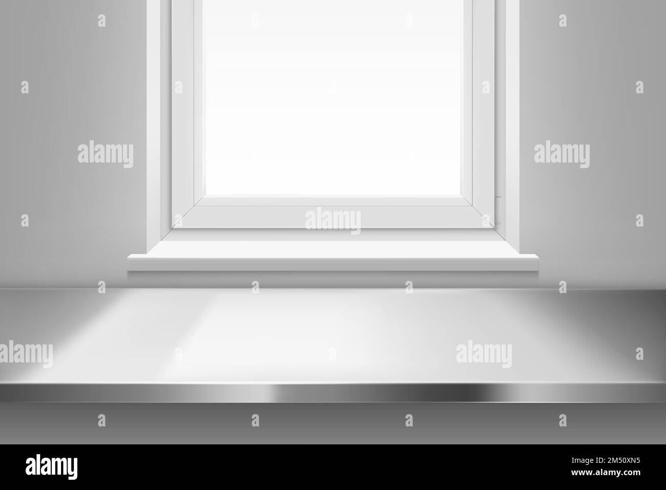 Stahltischoberfläche Draufsicht Vorderseite des Fensters mit Sonnenlicht auf weißem Wandhintergrund. Küche oder Café mit Schreibtisch aus Edelstahl, Projektanzeige im Innendesign, realistische 3D-Vektordarstellung Stock Vektor