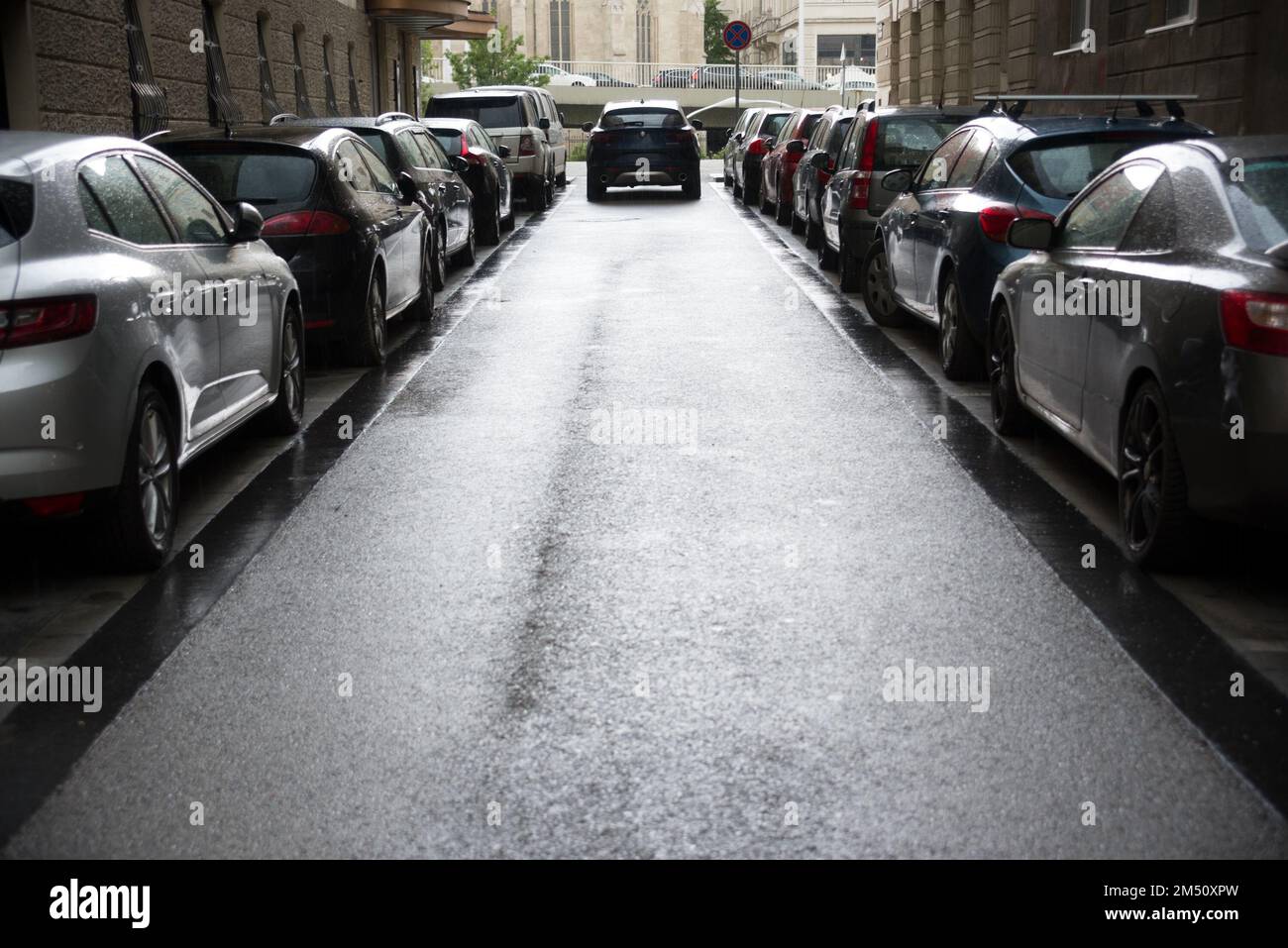 Symmetrisch geparkte Autos auf der Straße Stockfoto