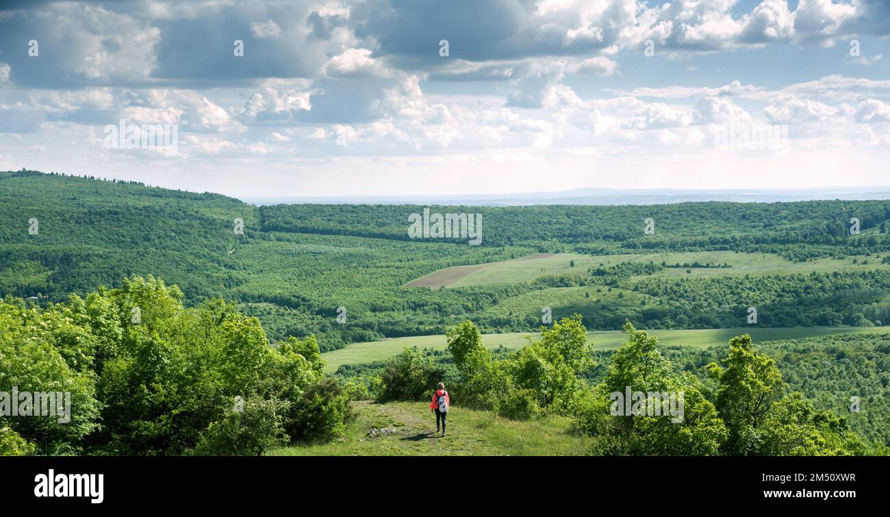 Panoramablick auf die grüne Ebene, Wandern in der Ferne Stockfoto