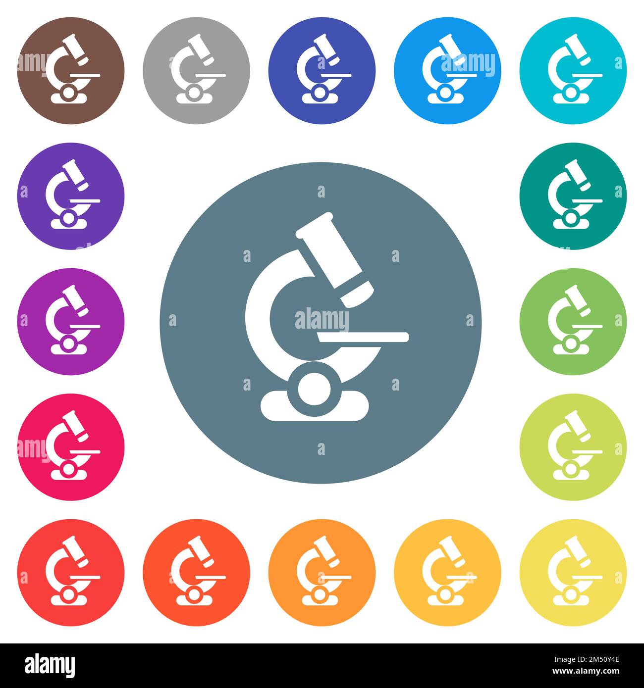 Flache weiße Symbole auf runden farbigen Hintergründen des Mikroskops. 17 Farbvarianten im Hintergrund sind enthalten. Stock Vektor